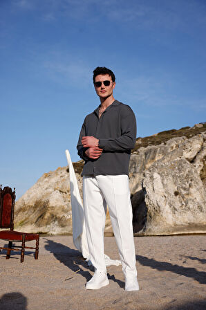 Erkek Antrasit Renk Örme Ottoman Kumaş Uzun Kol Gömlek