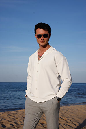 Erkek Beyaz Renk Örme Ottoman Kumaş Uzun Kol Gömlek