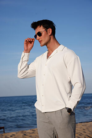 Erkek Beyaz Renk Örme Ottoman Kumaş Uzun Kol Gömlek