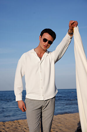 Erkek Beyaz Renk Örme Ottoman Kumaş Uzun Kol Gömlek