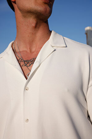 Erkek Beyaz Renk Örme Ottoman Kumaş Uzun Kol Gömlek