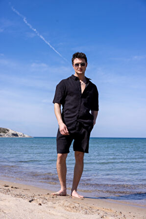 Keten Kumaş Siyah Renk Cep Detaylı Gömlek Şort Erkek Takım