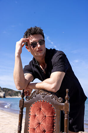 Keten Kumaş Siyah Renk Cep Detaylı Gömlek Şort Erkek Takım