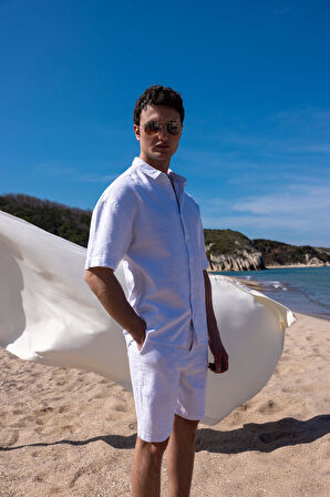 Keten Kumaş Beyaz Renk Cep Detaylı Gömlek Şort Erkek Takım