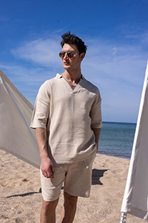 Bej Renk V Yaka Gömlek Şort  Erkek Yıkamalı Keten Takım