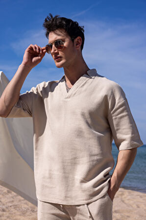 Bej Renk V Yaka Gömlek Şort  Erkek Yıkamalı Keten Takım