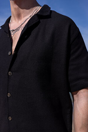 Siyah Renk Gömlek Şort  Erkek Keten Takım