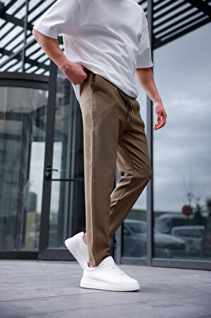 Erkek Haki Renk Esnek Likralı Fermuar Detaylı Jogger Pantolon