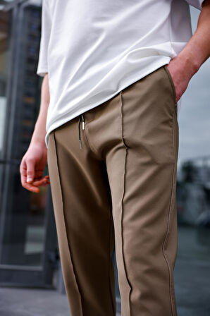 Erkek Haki Renk Esnek Likralı Fermuar Detaylı Jogger Pantolon