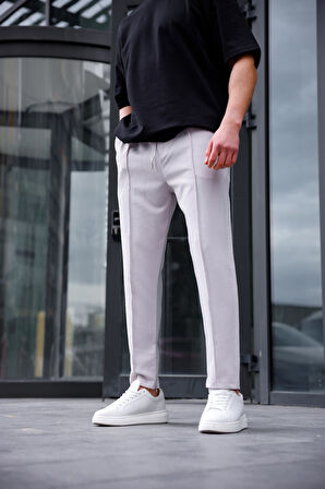 Erkek Gri Renk Esnek Likralı Fermuar Detaylı Jogger Pantolon