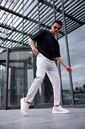 Erkek Gri Renk Esnek Likralı Fermuar Detaylı Jogger Pantolon