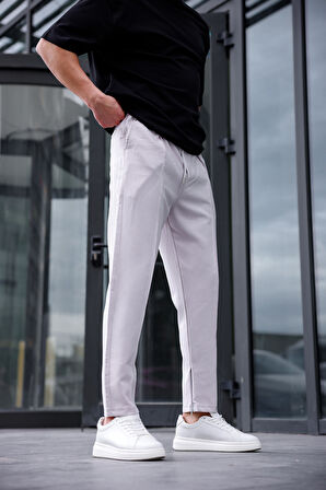 Erkek Gri Renk Esnek Likralı Fermuar Detaylı Jogger Pantolon