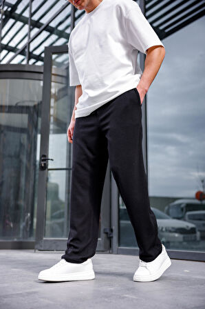 Erkek Siyah Renk Burgu Desen Örme Kumaş Baggy Pantolon