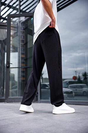 Erkek Siyah Renk Burgu Desen Örme Kumaş Baggy Pantolon