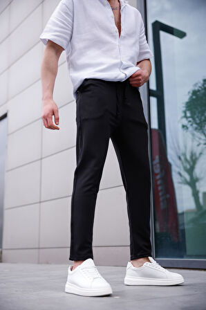 Erkek Siyah Renk Likralı Kumaş Jogger Pantolon