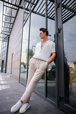 Erkek Bej Renk Likralı Kumaş Jogger Pantolon