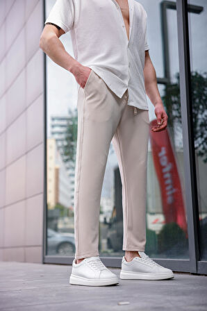 Erkek Bej Renk Likralı Kumaş Jogger Pantolon