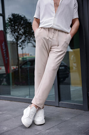 Erkek Bej Renk Likralı Kumaş Jogger Pantolon