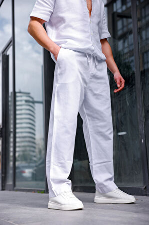 Keten Baggy Beyaz Renk Erkek Pantolon