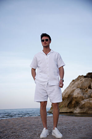 Beyaz Renk Gömlek Şort  Erkek Keten Takım