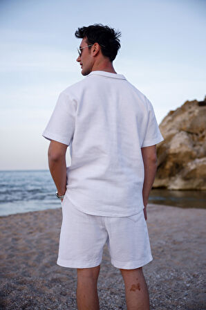 Beyaz Renk Gömlek Şort  Erkek Keten Takım