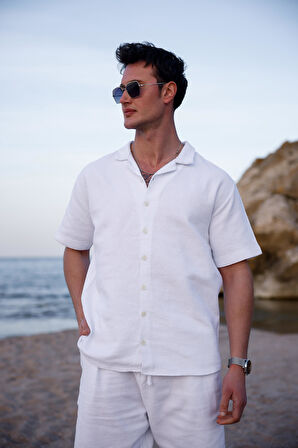 Beyaz Renk Gömlek Şort  Erkek Keten Takım