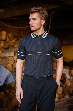 Siyah Renk Beyaz Çizgili Fermuar Detaylı Polo Yaka Erkek Triko Tişört