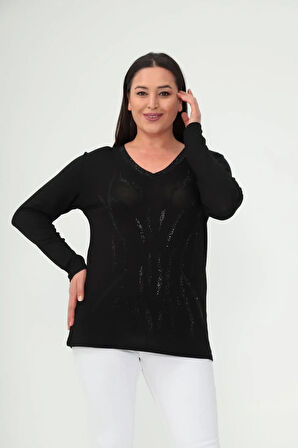 Kadın Siyah Taşlı Desenli V Yaka Düz Kol Siyah Bluz