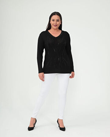 Kadın Siyah Taşlı Desenli V Yaka Düz Kol Siyah Bluz