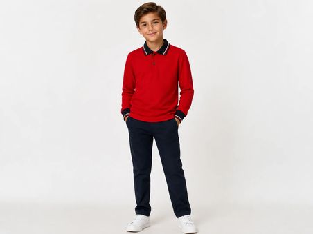 Çocuk Pamuklu Yumuşak Dokulu Polo Yaka Kırmızı Sweatshirt