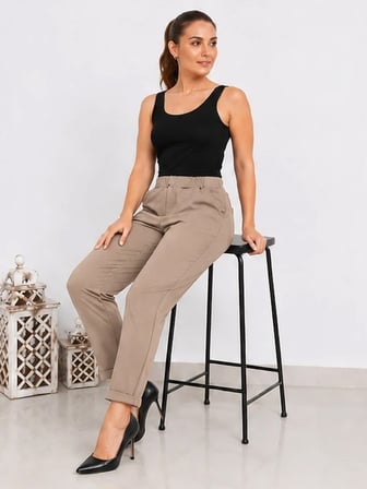 Kadın Esnek Krep Kumaş Duble Paça Beli Lastikli Vizon Pantolon