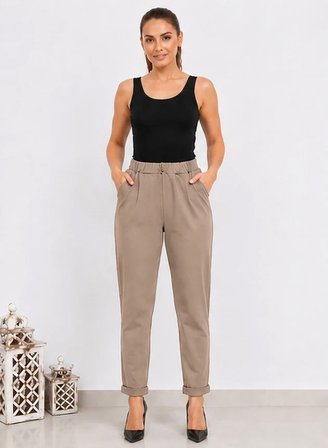 Kadın Esnek Krep Kumaş Duble Paça Beli Lastikli Vizon Pantolon