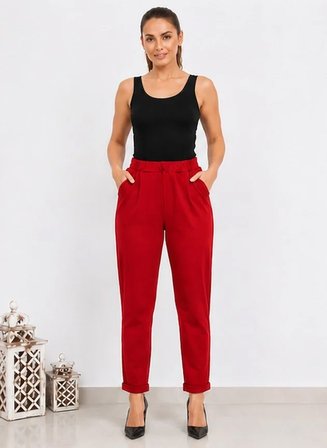 Kadın Esnek Krep Kumaş Duble Paça Beli Lastikli Kırmızı Pantolon