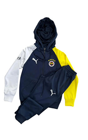 Kısmet Sepeti Lacivert Kapüşonlu Rüzgar Geçirmez Sarı Lacivert Nakış İşlemeli Çocuk Eşofman Takımı
