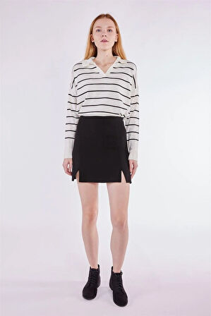 Kadın Mini Çift Yırtmaç Detay Beli Lastikli Siyah Etek