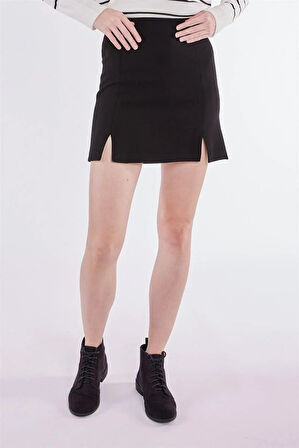 Kadın Mini Çift Yırtmaç Detay Beli Lastikli Siyah Etek