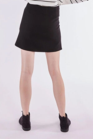 Kadın Mini Çift Yırtmaç Detay Beli Lastikli Siyah Etek