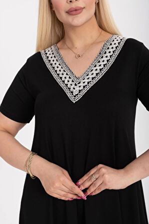 Kadın Büyük Beden Siyah Viskon Etnik Yaka Şık Elbise