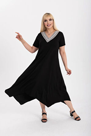 Kadın Büyük Beden Siyah Viskon Etnik Yaka Şık Elbise