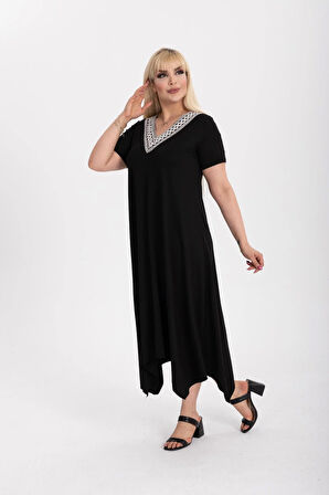 Kadın Büyük Beden Siyah Viskon Etnik Yaka Şık Elbise