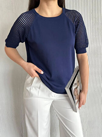Kadın Yuvarlak Yaka Kol Örgü Detaylı Merserize Lacivetr Şık Bluz