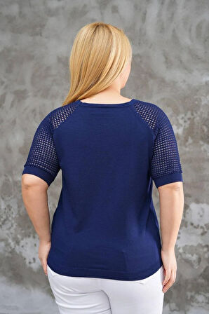Kadın Yuvarlak Yaka Kol Örgü Detaylı Merserize Lacivetr Şık Bluz