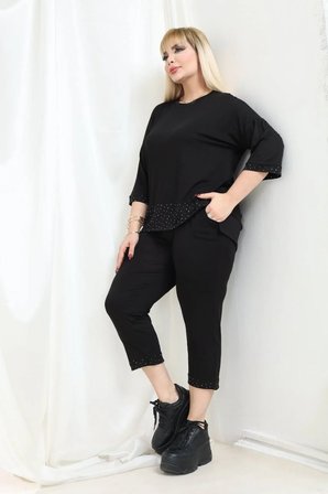 Kadın Truvakar Kol Taş Detaylı Kapri T-Shirt Şık Viskon Penye Takım
