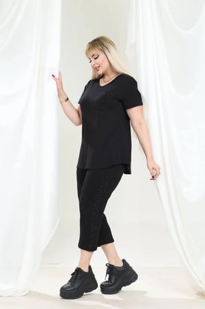 Kadın Kapri Tshirt Taş Detaylı Şık Viskon Penye Takım