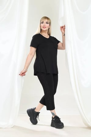 Kadın Kapri Tshirt Taş Detaylı Şık Viskon Penye Takım