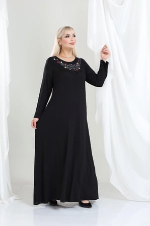 Kadın Büyük Beden Siyah, Nakış Yakalı Viskon Penye Şık Elbise