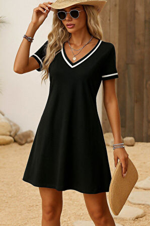 Kadın Kısa Kollu V çizgili Yakalı Kısa Viskon Elbise