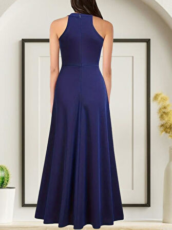 Kadın Halter Yaka Derin Yırtmaç Detaylı Tam Boy Janjan Krep Abiye Elbise