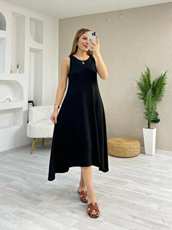 Kadın Askılı Yuvarlak Yakalı Asimetrik Kesim Detaylı Viskon Elbise