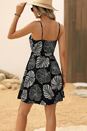 Kadın Ip Askılı Kruvaze Yakalı Beli Lastikli Kısa Desenli Süprem Elbise